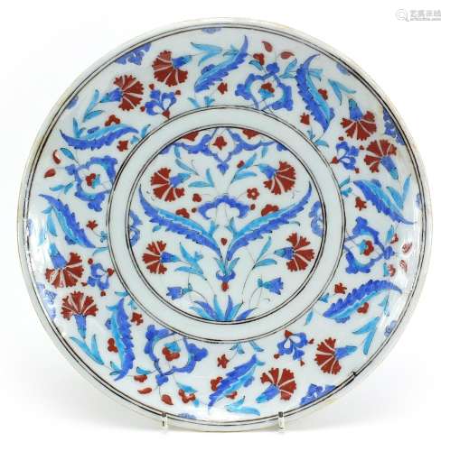 Turkish Iznik pottery plate hand painted with flowers, 31.5c...