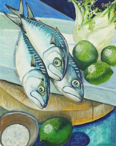 Clive Fredriksson - Still life mackerel and vegetables, oil ...