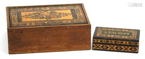 Victorian Tunbridge Ware box with hinged lid and stamp box, ...