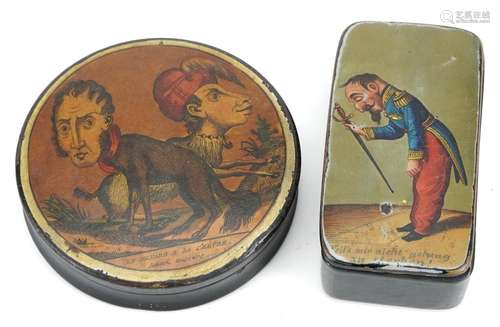 Two 19th century papier mache snuff boxes including a German...