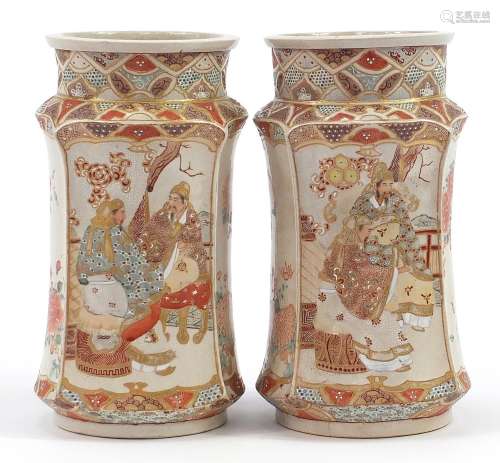 Pair of Japanese Satsuma pottery vases hand painted with sea...