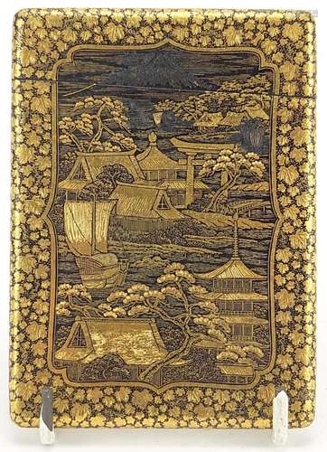 Japanese damascene card case decorated with boats in water b...