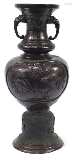 Large Japanese floor standing patinated bronze vase with twi...