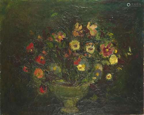 Flowers in a French jardiniere, impasto oil on canvas, label...