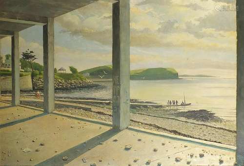 Harold Bird - Coastal scene with figures, 1950s oil on board...