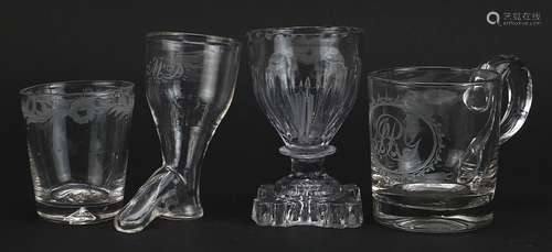 Four 18th century glasses including a stirrup cup and handle...