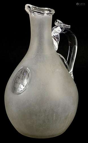 Victorian frosted and clear glass white port carafe etched W...