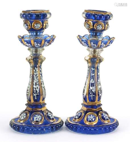 Pair of Bohemian blue glass lustre candlesticks hand painted...