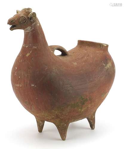 Peruvian terracotta vessel in the form of a llama with remna...