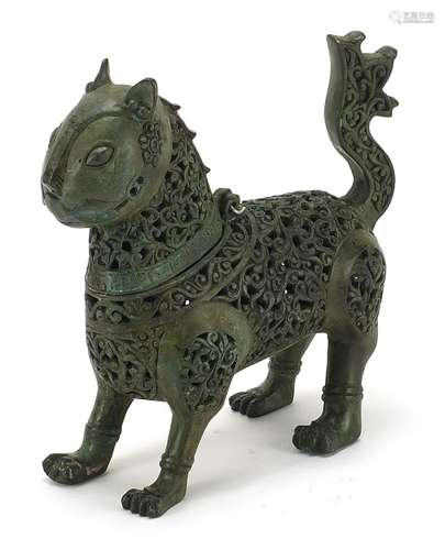 Islamic patinated bronze mythical animal incense burner with...