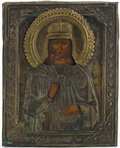 Russian Orthodox icon with metal overlay hand painted with C...