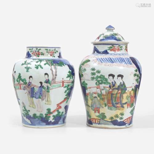 Two Chinese wucai-decorated porcelain jars and one associate...