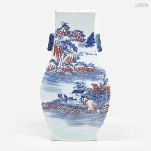 A Chinese underglaze blue and red-decorated vase, fanghu 青花...