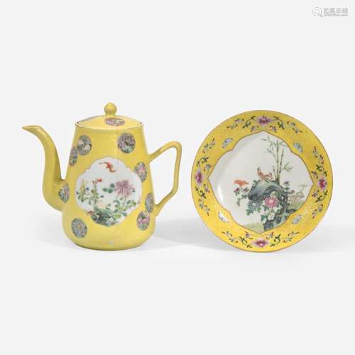 A Chinese yellow-ground dish and a yellow-ground teapot and ...