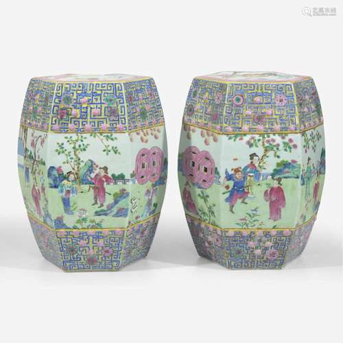 A pair of Chinese famille rose-decorated garden seats 洋彩开...