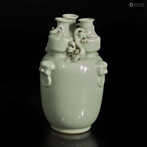 An unusual Chinese Longquan celadon-glazed triple-necked vas...