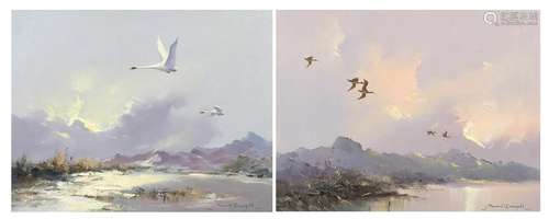 Howard Devonald - Birds in flight, pair of oil on canvasses,...