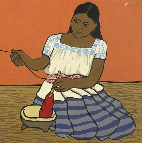 Female spinning wool, Latin American school gouache on paper...