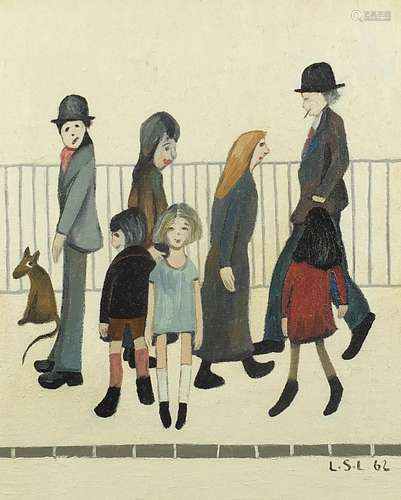 Manner of Laurence Stephen Lowry - Group of figures before r...