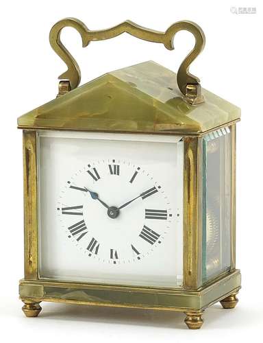 Green onyx and brass carriage clock, the enamelled dial havi...