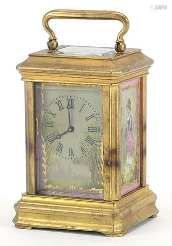 Miniature brass cased carriage clock with Sevres style panel...