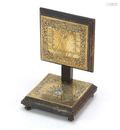 Antique oak backed brass sundial and compass, 15.5cm high