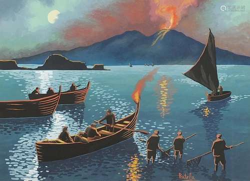 Moonlit view of Vesuvius erupting, Neapolitan school gouache...