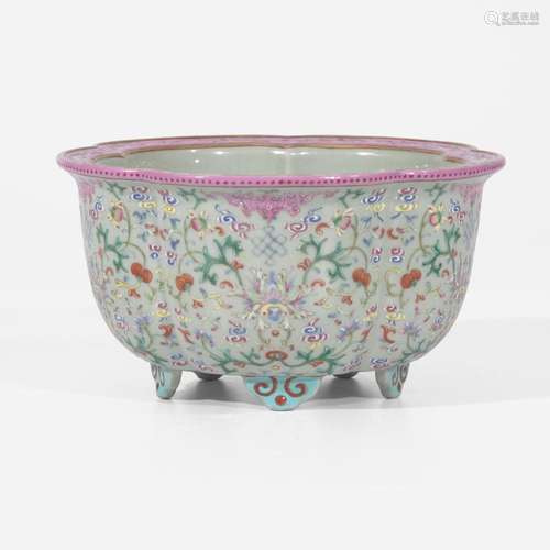 A Chinese famille rose-decorated pale celadon-ground five-lo...