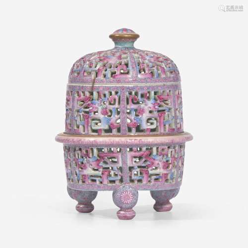 A Chinese famille rose-decorated reticulated three-part porc...