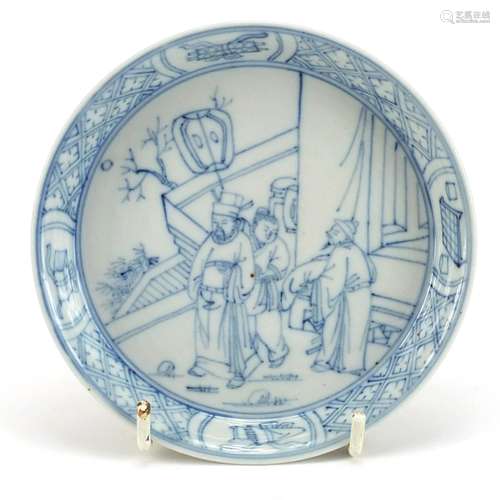 Chinese blue and white porcelain dish hand painted with figu...