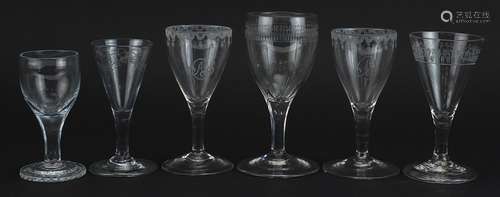 Six 18th century glasses with etched decoration including a ...