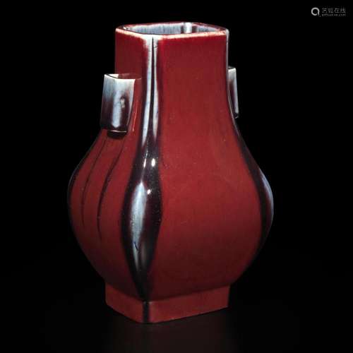 A Chinese flambé-glazed vase, Fanghu 窑变釉方壶 Guangxu six-...