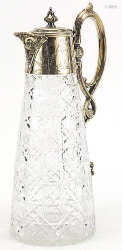 Cut glass claret jug with silver plated mounts, 27cm high