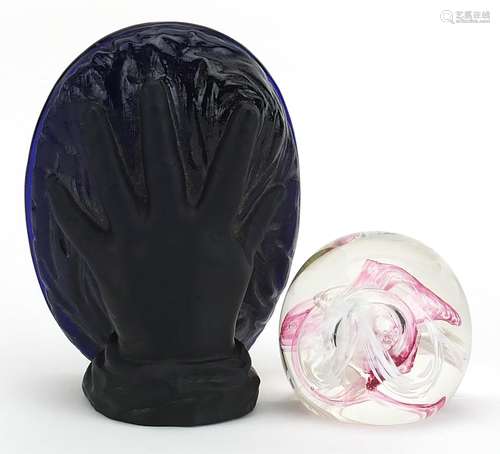 Antique Bristol Blue glass paperweight in the form of a hand...