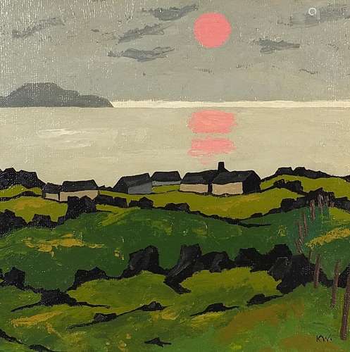 Manner of Kyffin Williams - Buildings before water at sunset...