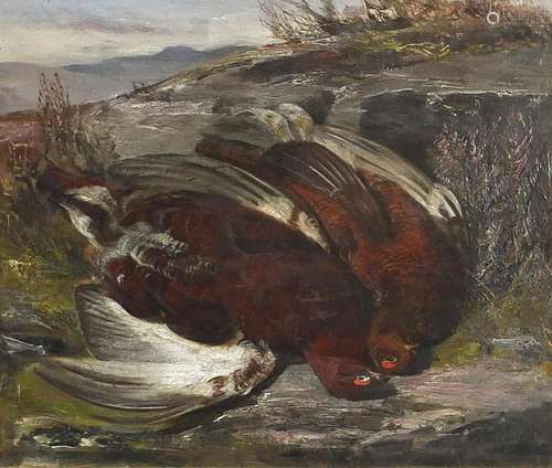 Two grouse before a landscape, oil on board, indistinctly si...