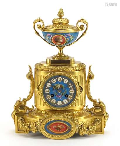 French Ormolu mantle clock with Sevres style panels hand pai...