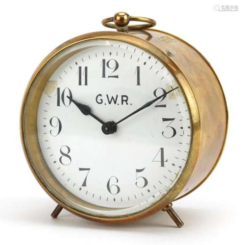 Great Western Railway, brass drum clock, the enamelled dial ...