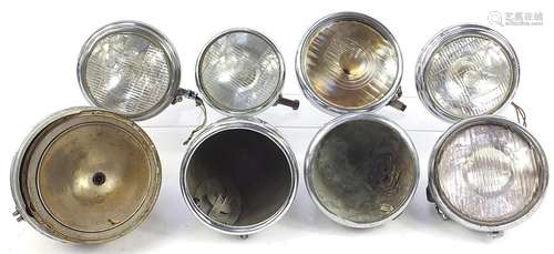 Nine vintage Joseph Lucas motor vehicle headlamps including ...