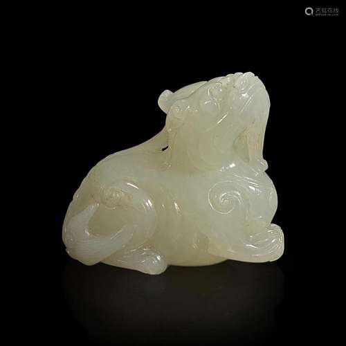 A Chinese carved white jade mythical beast 白玉雕瑞兽 Qing d...