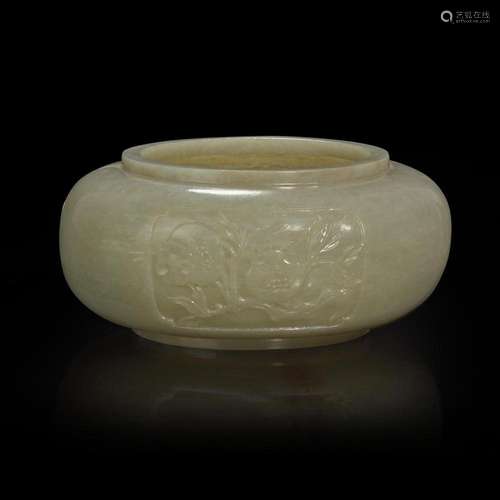 A Chinese carved celadon jade "Sanduo" alms bowl 青...