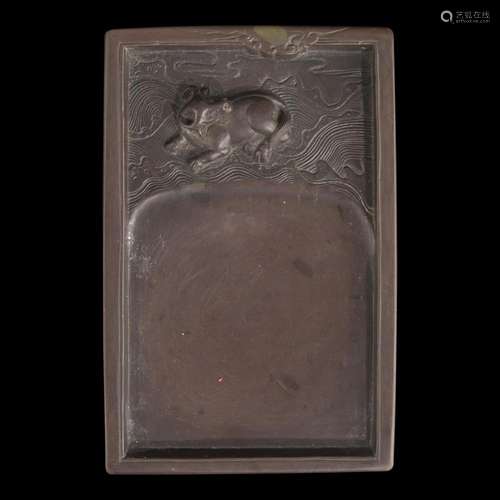 A Chinese carved "Duan" ink stone, colored ink sti...