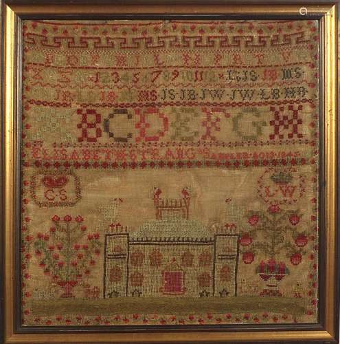 Mid 19th century embroidered alphabet sampler decorated with...