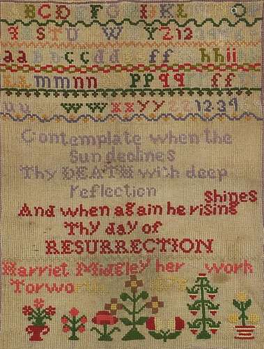 19th century needlework sampler worked by Harriet Midsley 18...