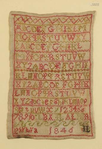 19th century needlework alphabet sampler dated 1846, mounted...