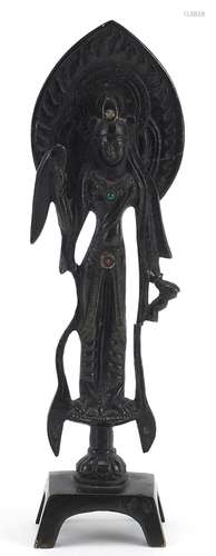 Chino Tibetan patinated bronze deity, calligraphy to the rev...