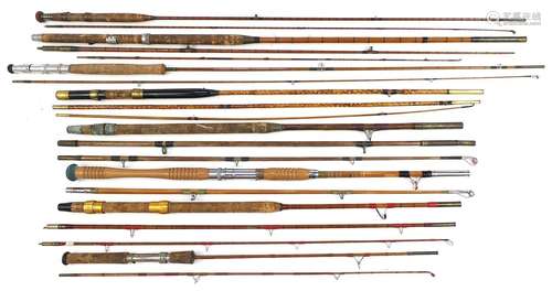 Eight vintage split cane fishing rods, some hexagonal includ...