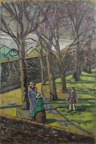 Figures in a park with trees, Modern British oil on canvas, ...