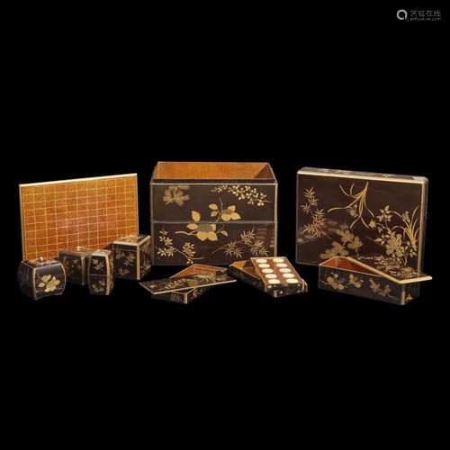 A two-tier Japanese lacquer “incense game” box with accoutre...