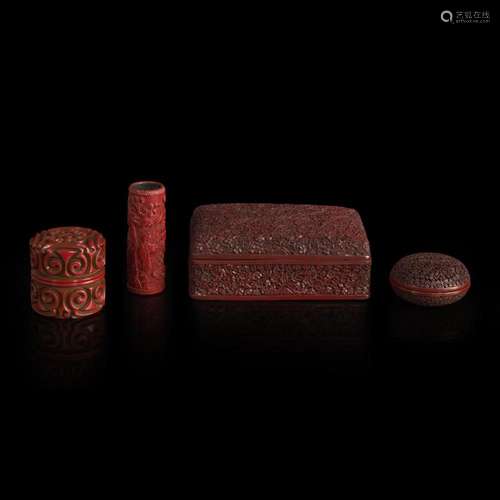 Group of four Japanese carved cinnabar lacquer items 日本漆器...